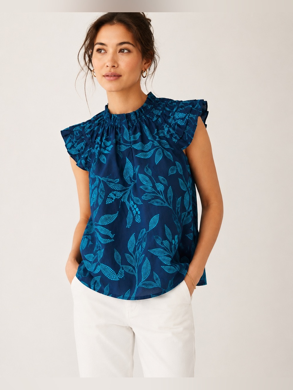 J. Crew Ruffle Yoke Flutter Sleeve Blouse Blue Turquoise Leaf Print XXS NWT